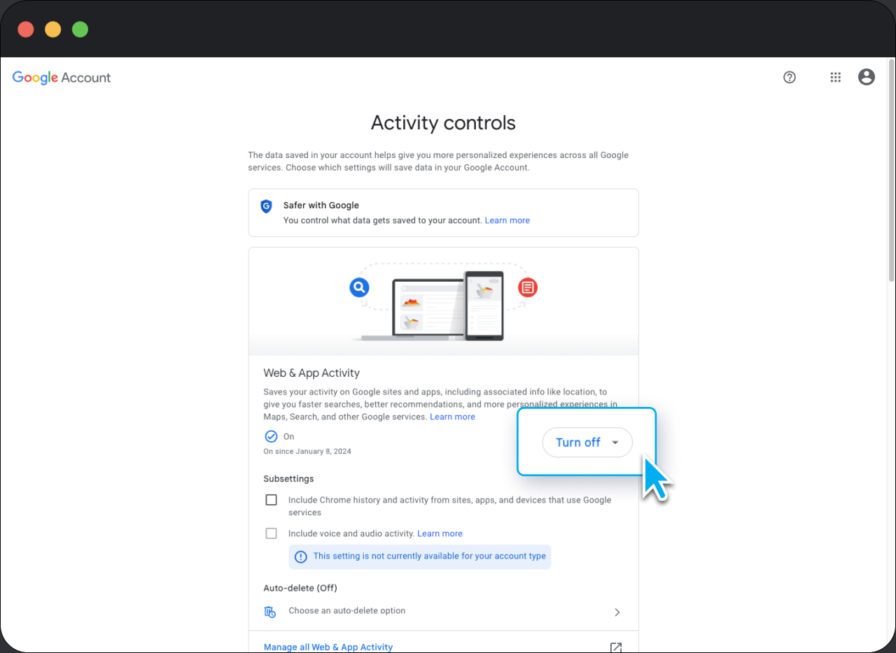 Image showing how to stop or pause Google from saving your search history and activity, step 1